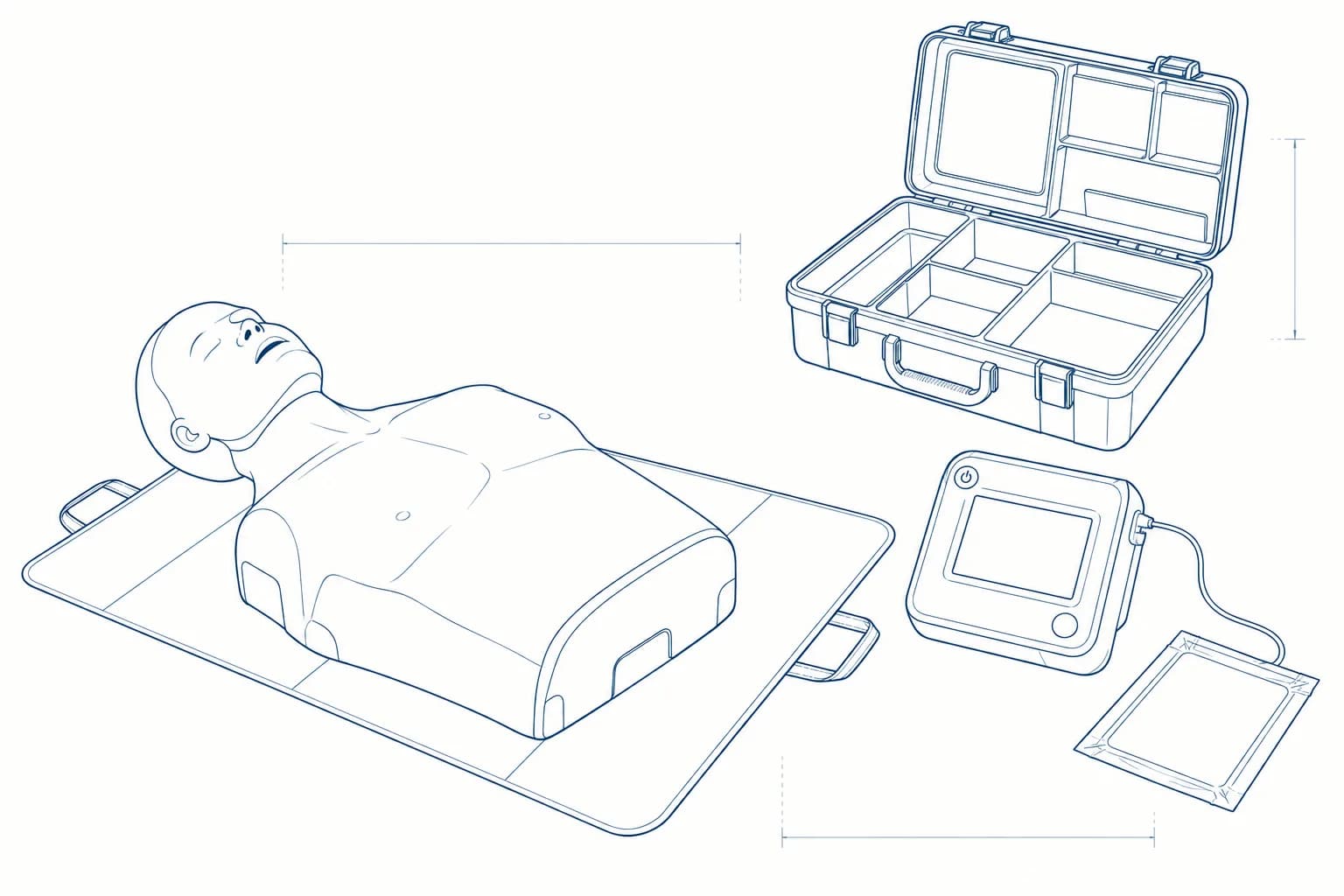Line drawing of the equipment used on the First Aid / CPR course.