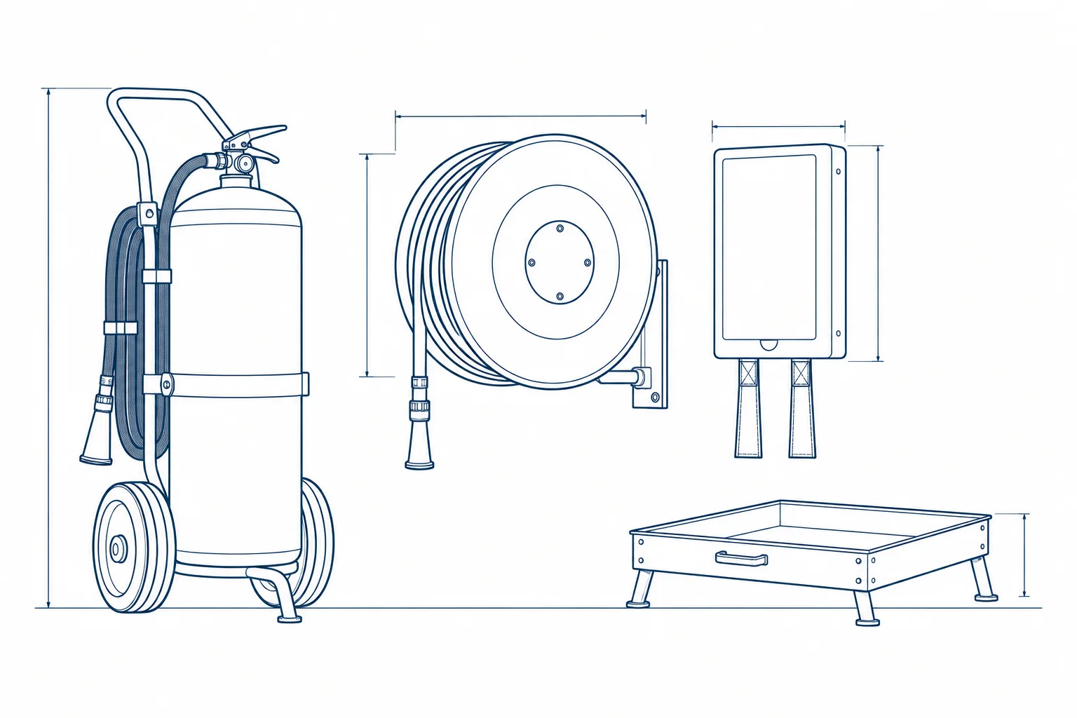 Line drawing of the equipment used on the Industrial Fire Brigade — Incipient course.