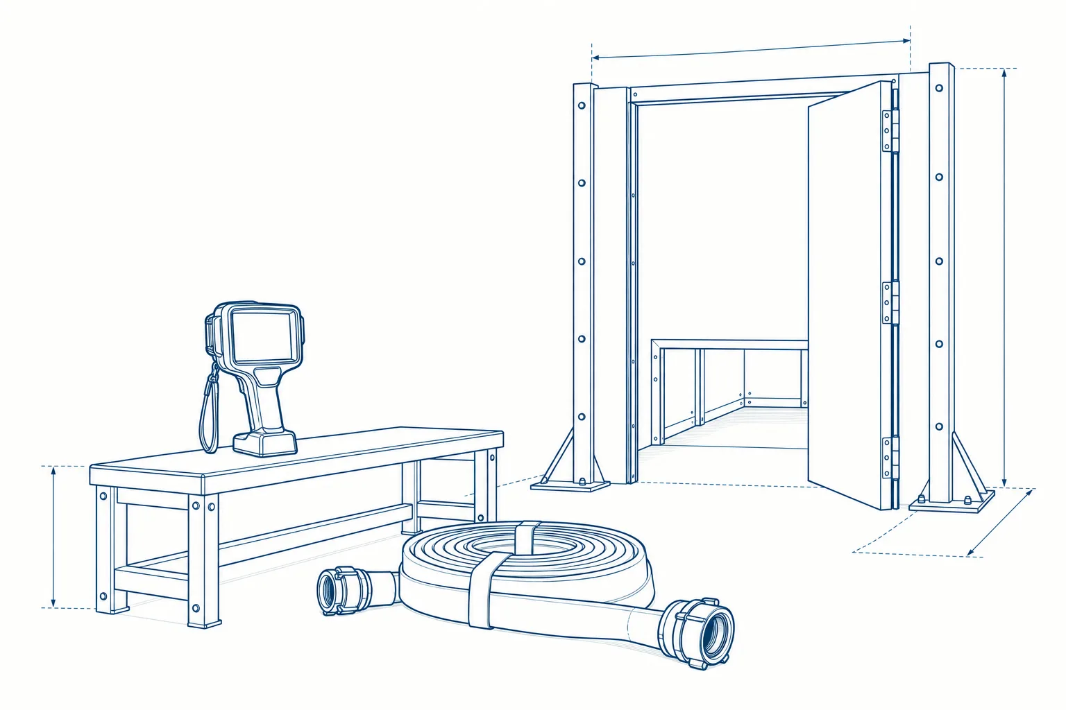 Line drawing of the equipment used on the Industrial Fire Brigade — Interior course.