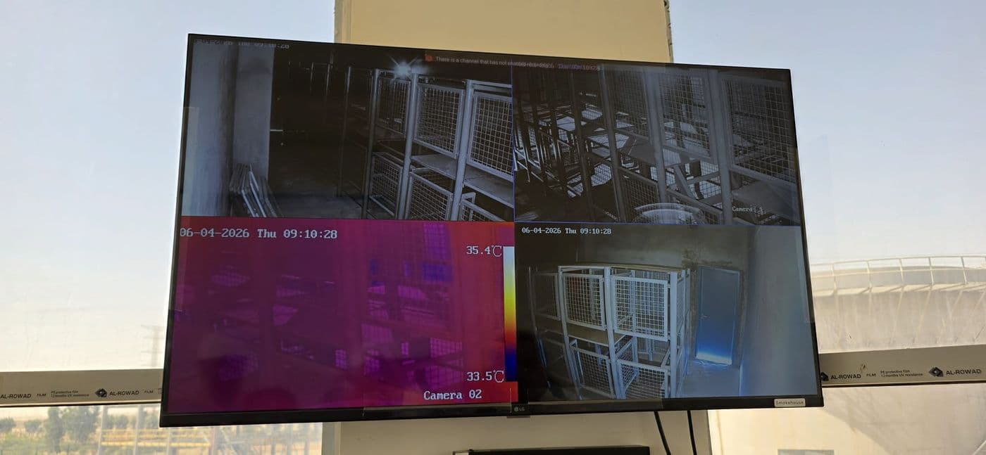 A thermal camera view of the fire ground on the control-room wall display.
